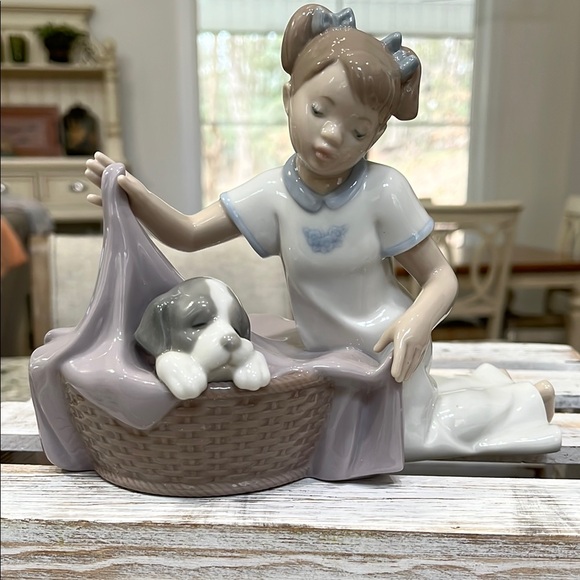 Lladro Girl with Puppy Figurine - Blue and White